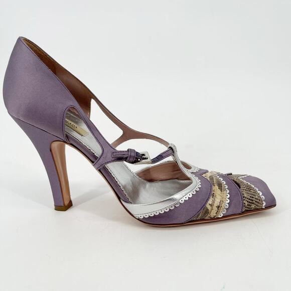 Prada Vintage Lilac Satin Snakeskin Trim Cutout Mary Jane T-Strap Heels IT 38.5 - Picture 3 of 11